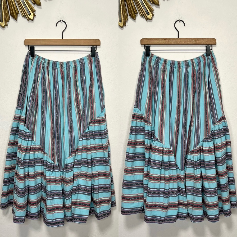 Vintage Southwestern Boho Tiered Stripe Midi Skirt